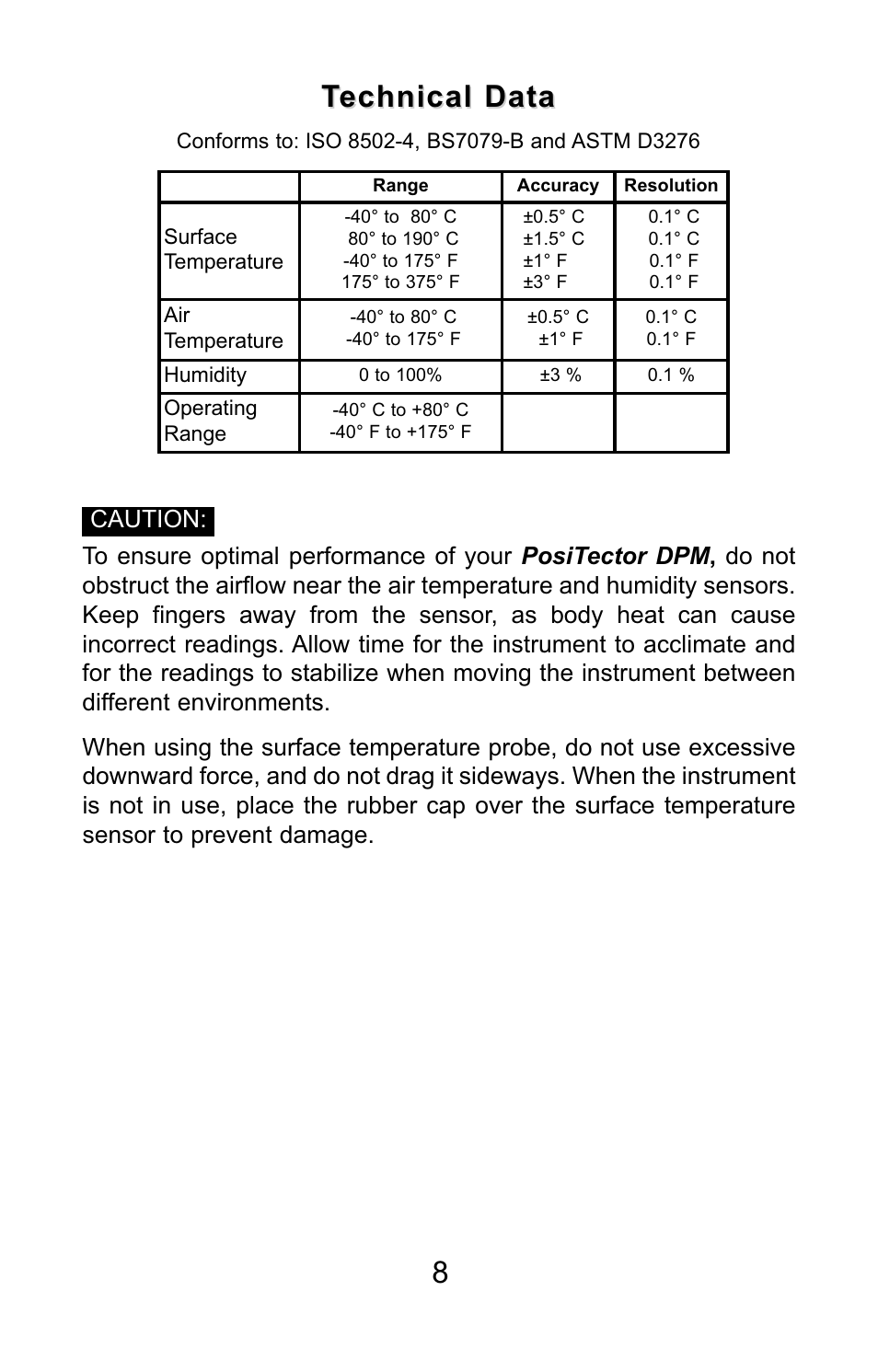 8technical data technical data | DeFelsko PosiTector DPM v.3.1 Quick Guide User Manual | Page 9 / 38