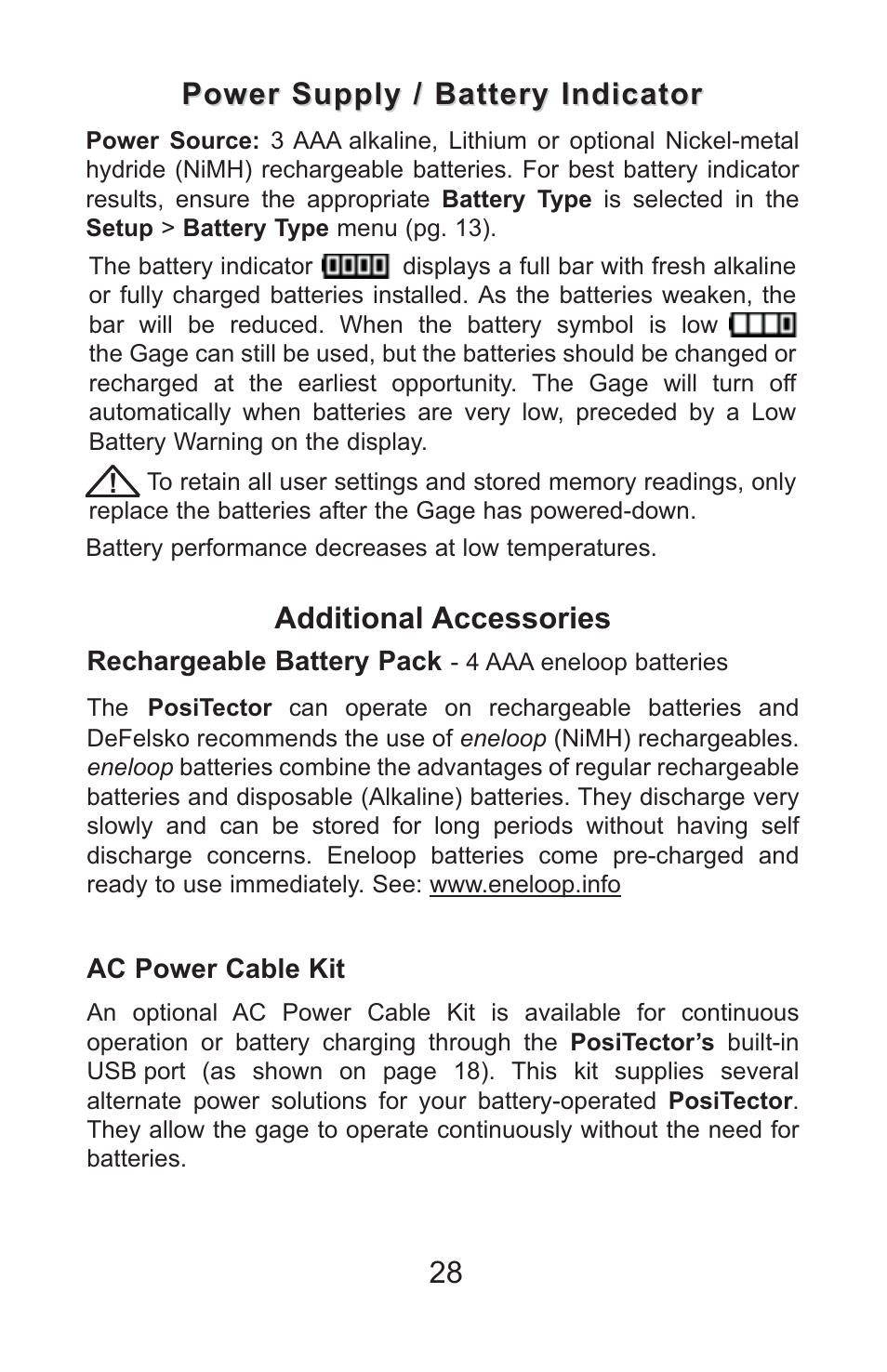 Power supply / battery indicator, Additional accessories | DeFelsko PosiTector DPM v.3.1 Full Manual User Manual | Page 31 / 35