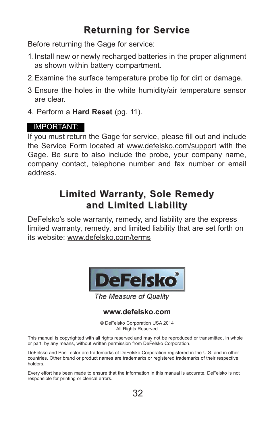 Returning for service | DeFelsko PosiTector DPM v.3.1 Full Manual User Manual | Page 35 / 35
