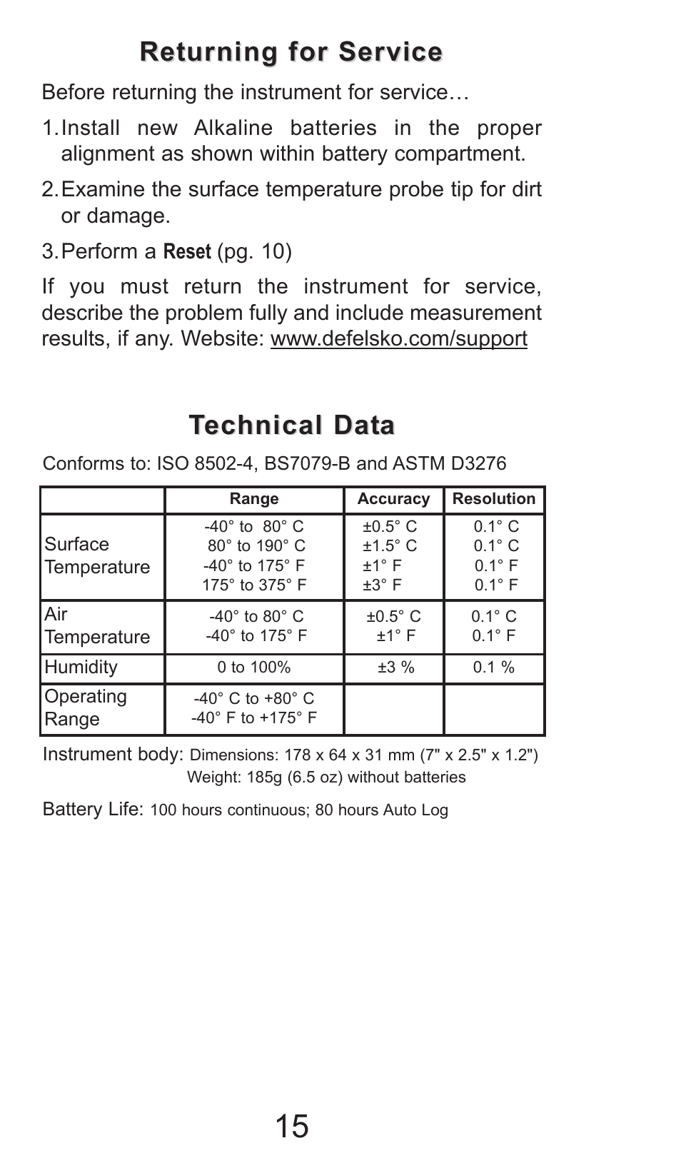 Technical dat echnical dat a a, Returning for service | DeFelsko PosiTector DPM v.2.0 User Manual | Page 15 / 16