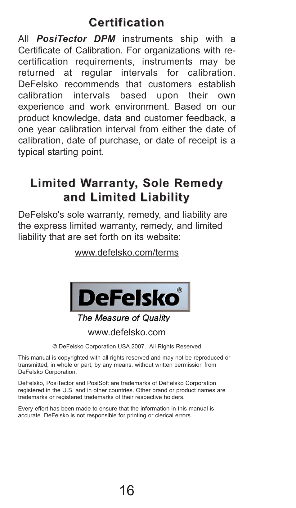 Limited w, Certification | DeFelsko PosiTector DPM v.2.0 User Manual | Page 16 / 16