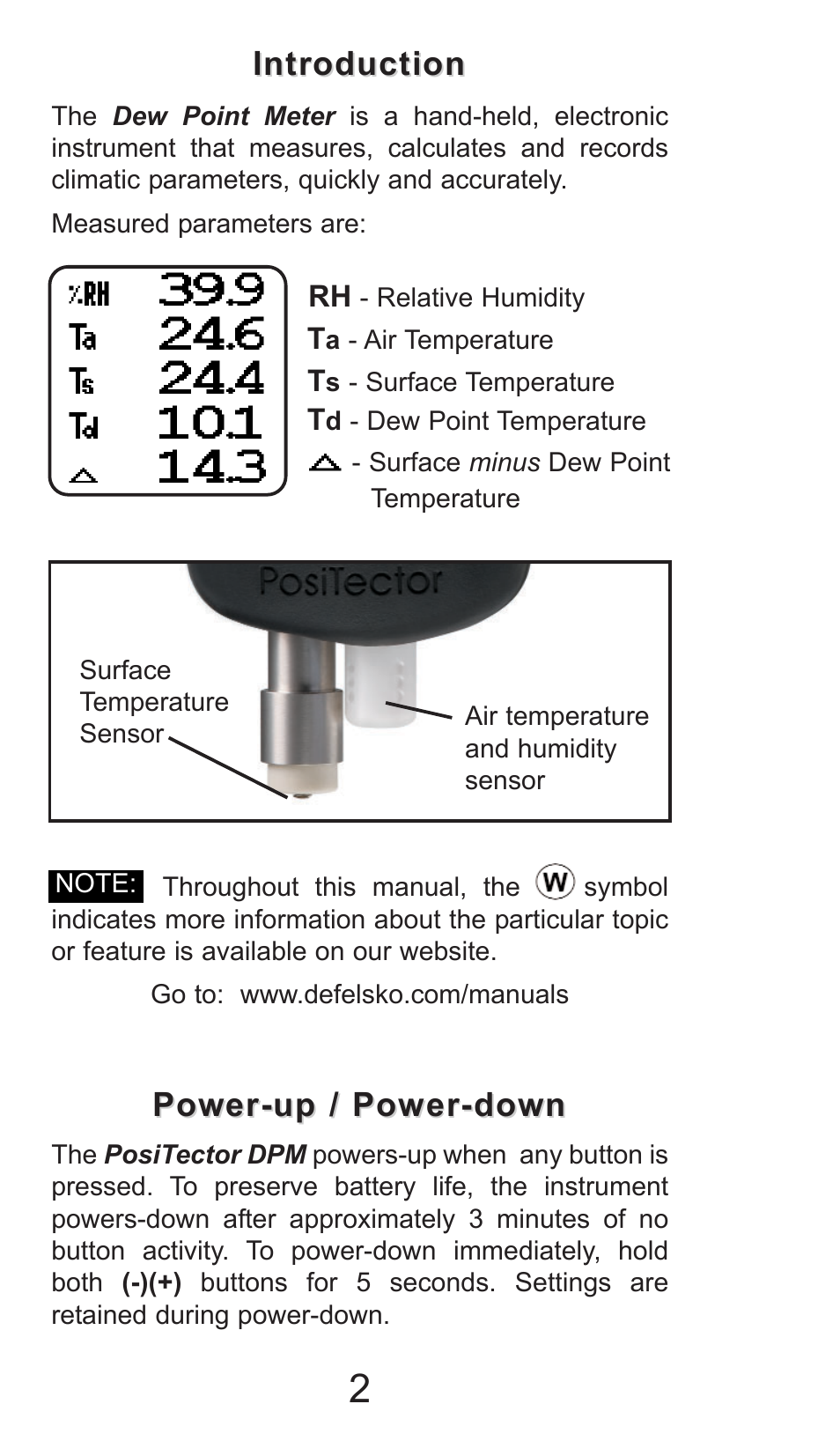 Introduction, Power-up / power-down | DeFelsko PosiTector DPM v.2.0 User Manual | Page 2 / 16