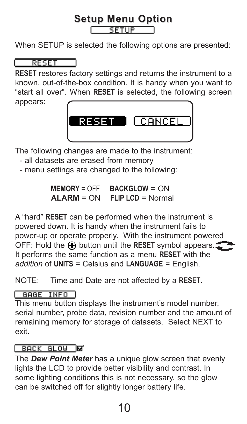 Setup, Setup menu option menu option | DeFelsko PosiTector DPM v.1.2 User Manual | Page 10 / 16