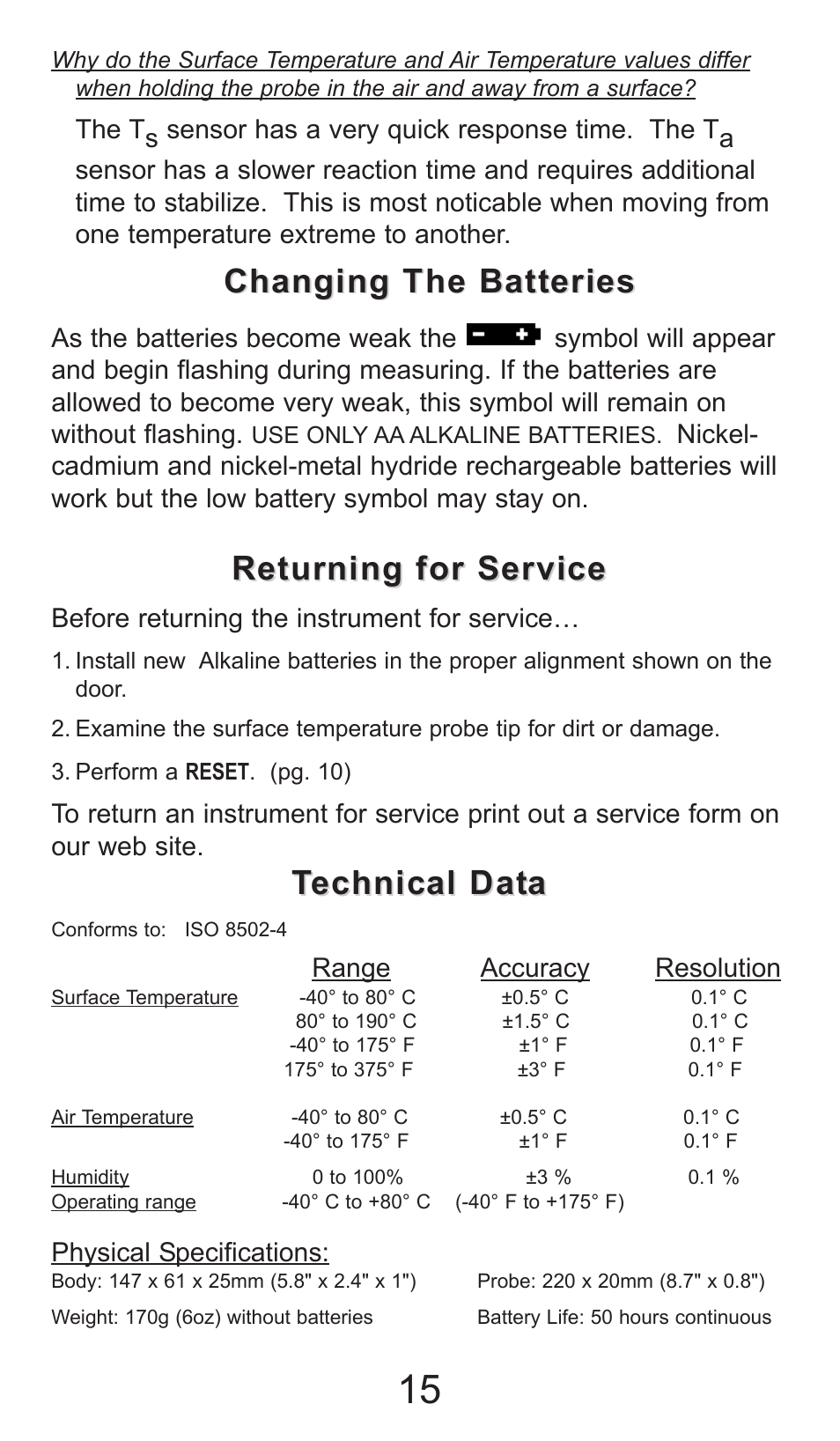 Technical dat echnical dat a a, Returning for service, Changing the batteries | DeFelsko PosiTector DPM v.1.2 User Manual | Page 15 / 16