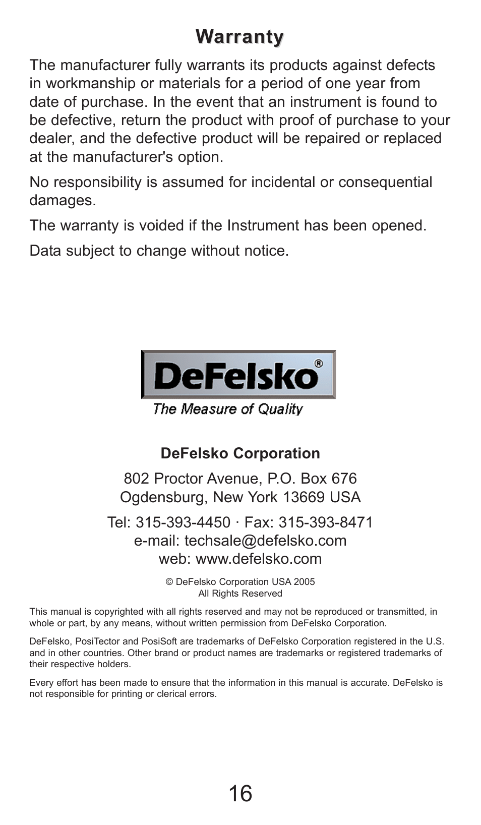 Warranty arranty | DeFelsko PosiTector DPM v.1.2 User Manual | Page 16 / 16