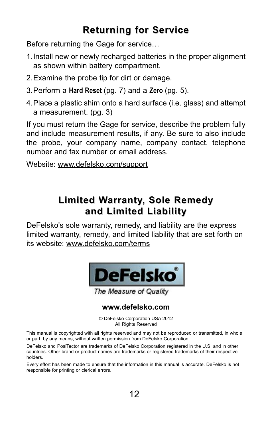 Limited warranty, sole remedy, Returning for service | DeFelsko PosiTector 200 v.3.0 Quick Guide User Manual | Page 13 / 57