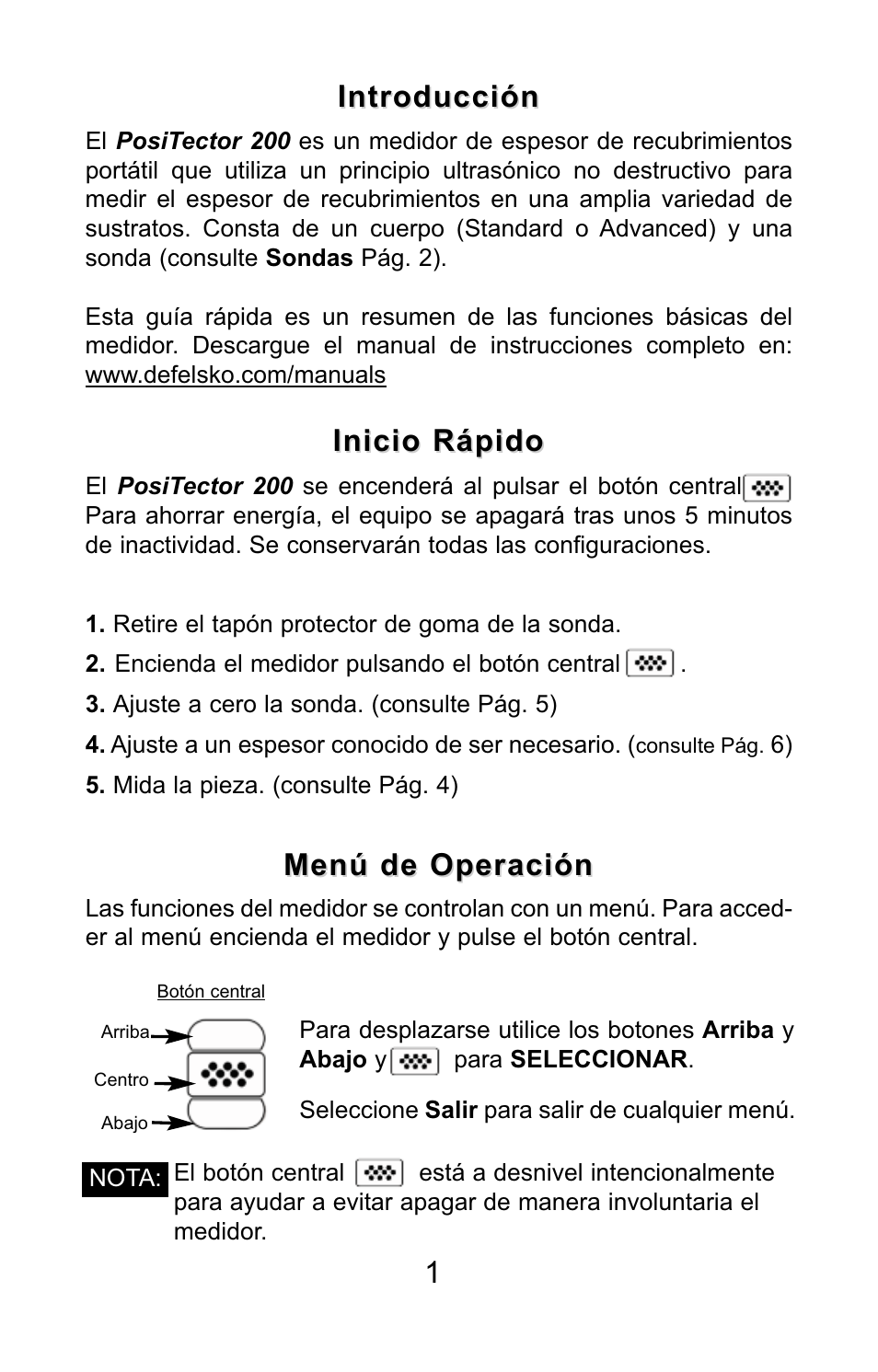 1introducción introducción, Inicio rápido, Menú de operación | DeFelsko PosiTector 200 v.3.0 Quick Guide User Manual | Page 15 / 57