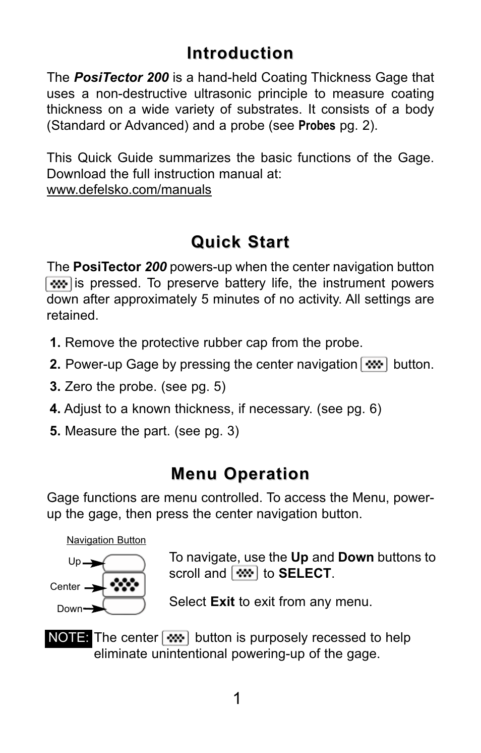 1introduction introduction, Quick start, Menu operation | DeFelsko PosiTector 200 v.3.0 Quick Guide User Manual | Page 2 / 57