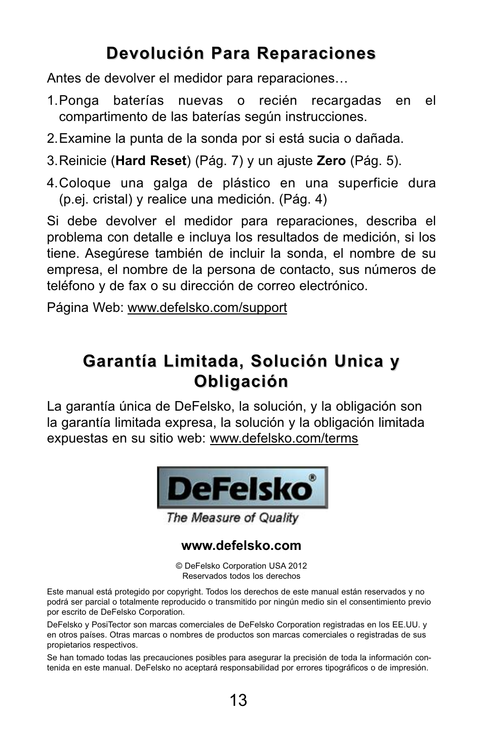 Garantía limitada, solución unica y, Devolución para reparaciones | DeFelsko PosiTector 200 v.3.0 Quick Guide User Manual | Page 27 / 57