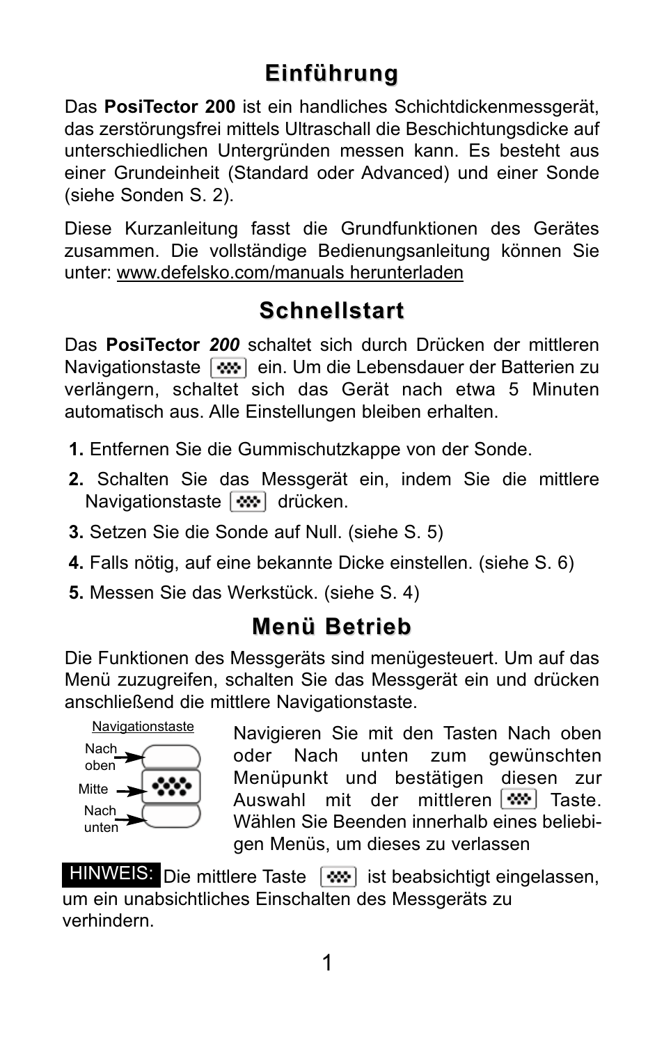 1einführung einführung, Schnellstart, Menü betrieb | DeFelsko PosiTector 200 v.3.0 Quick Guide User Manual | Page 29 / 57