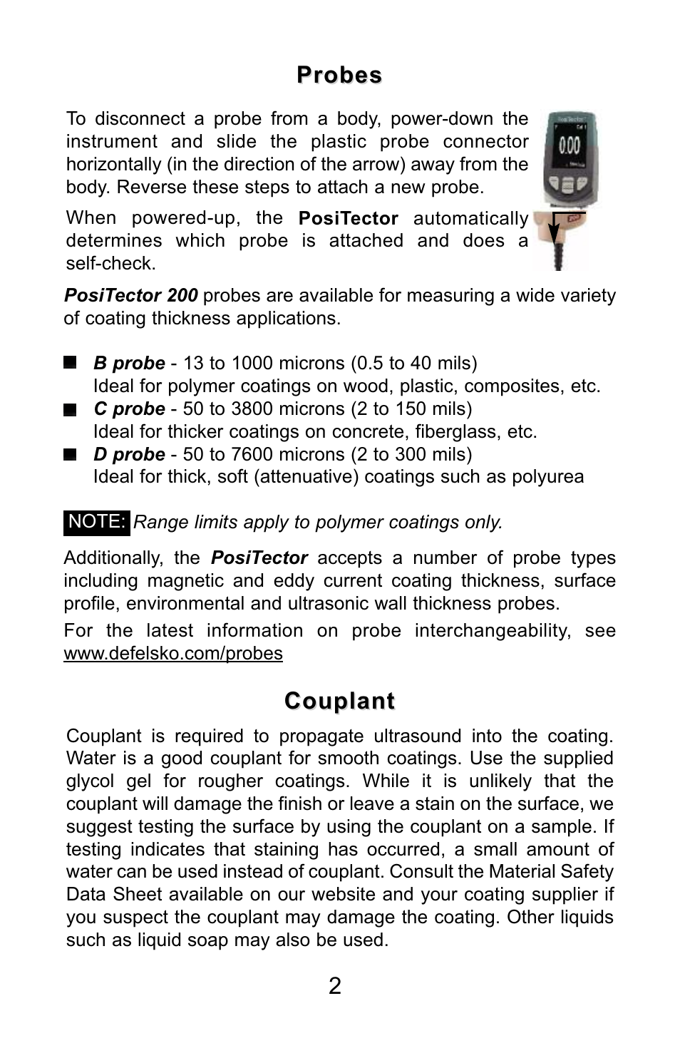 2probes probes, Couplant | DeFelsko PosiTector 200 v.3.0 Quick Guide User Manual | Page 3 / 57