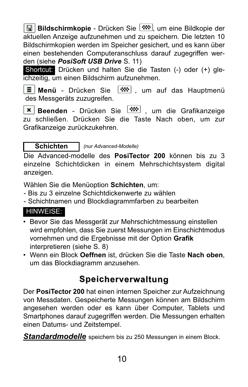 Speicherverwaltung | DeFelsko PosiTector 200 v.3.0 Quick Guide User Manual | Page 38 / 57