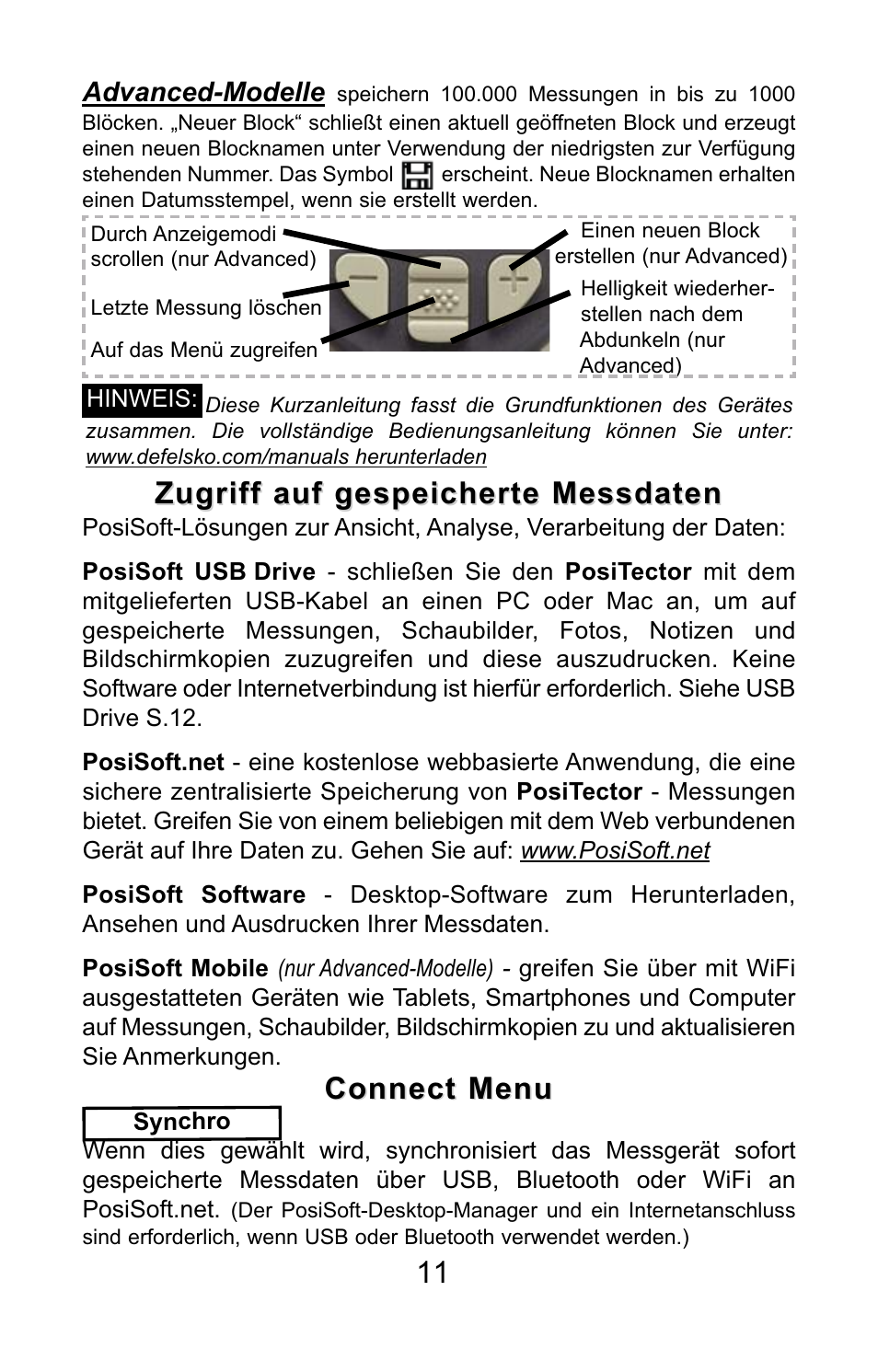 Connect menu, Advanced-modelle | DeFelsko PosiTector 200 v.3.0 Quick Guide User Manual | Page 39 / 57