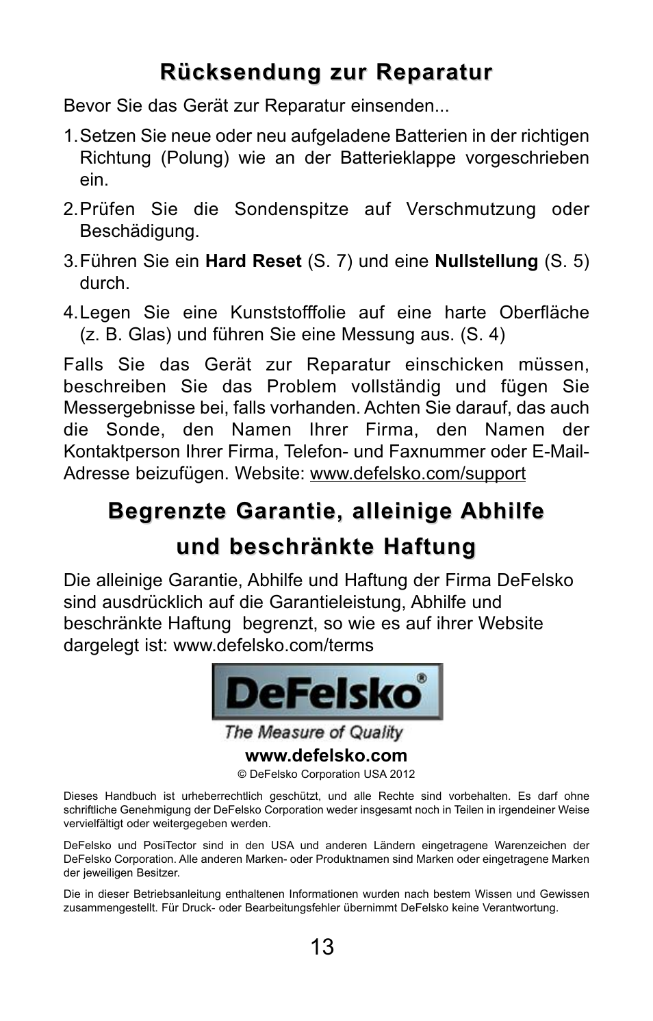 Begrenzte garantie, alleinige abhilfe, Rücksendung zur reparatur | DeFelsko PosiTector 200 v.3.0 Quick Guide User Manual | Page 41 / 57