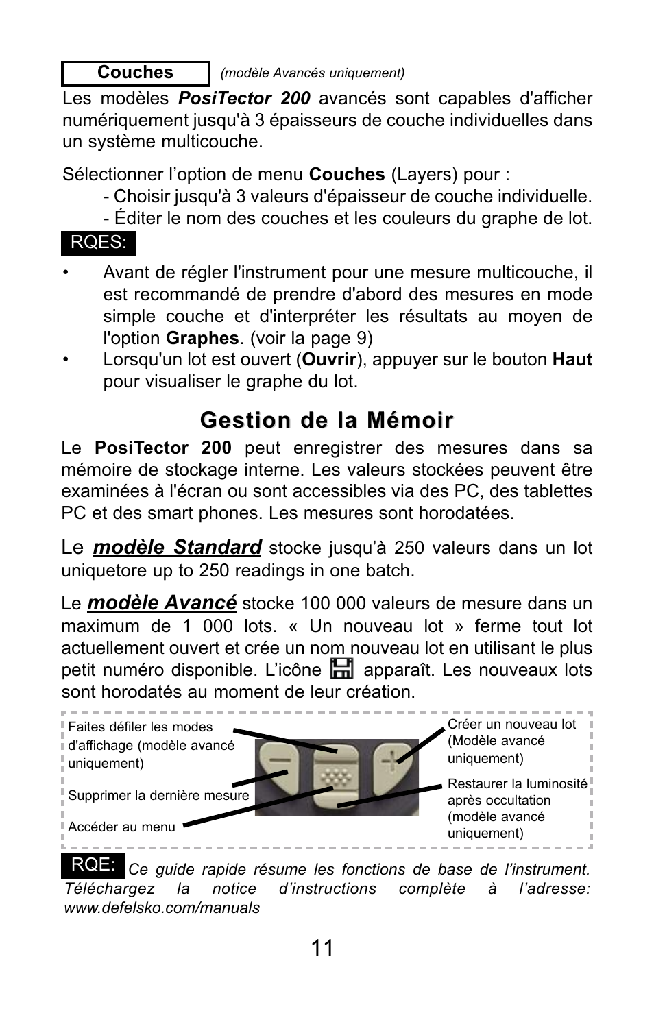 Gestion de la mémoir, Modèle avancé, Le modèle standard | DeFelsko PosiTector 200 v.3.0 Quick Guide User Manual | Page 53 / 57