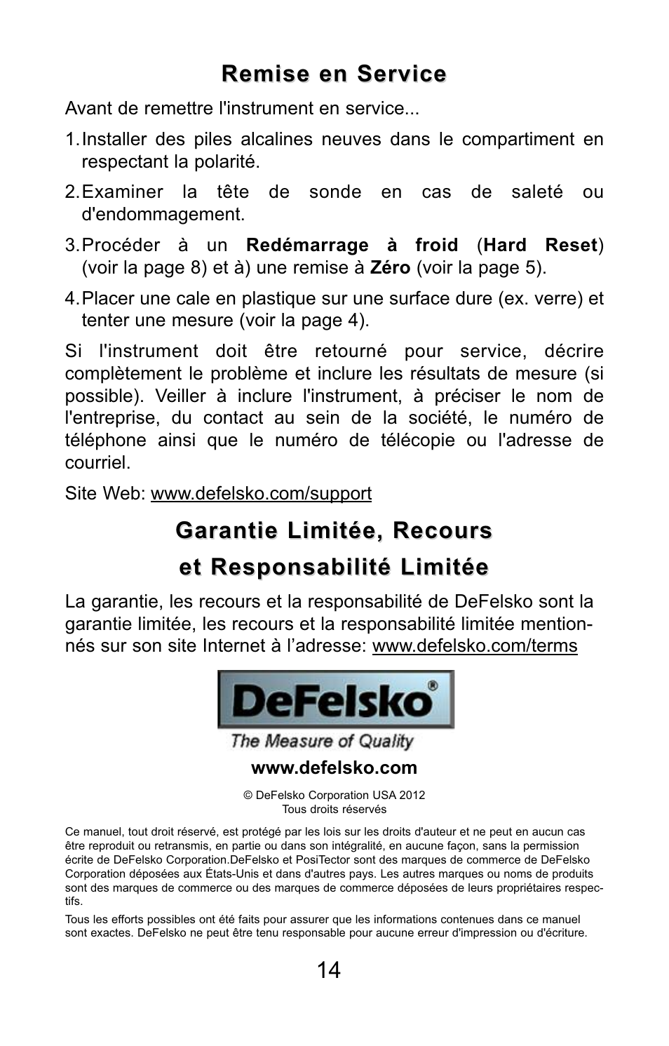 Garantie limitée, recours, Remise en service | DeFelsko PosiTector 200 v.3.0 Quick Guide User Manual | Page 56 / 57