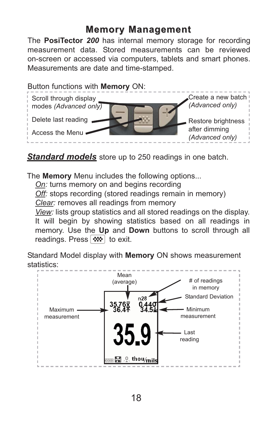 Standard models | DeFelsko PosiTector 200 v.3.1 Full Manual User Manual | Page 18 / 40