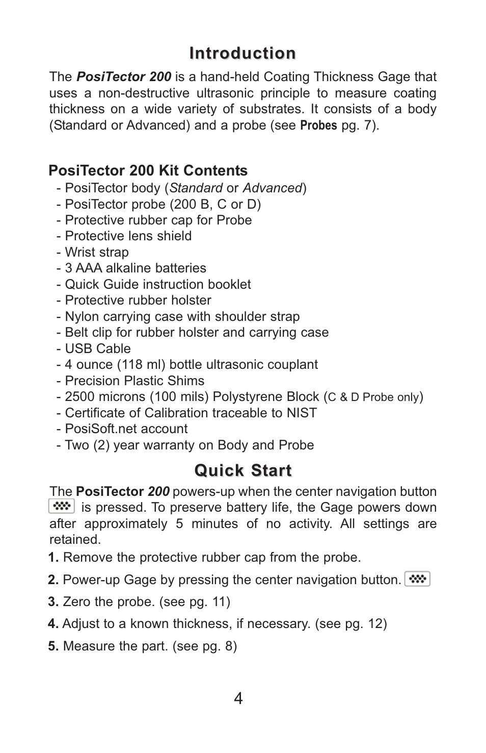 4introduction introduction, Quick start | DeFelsko PosiTector 200 v.3.1 Full Manual User Manual | Page 4 / 40