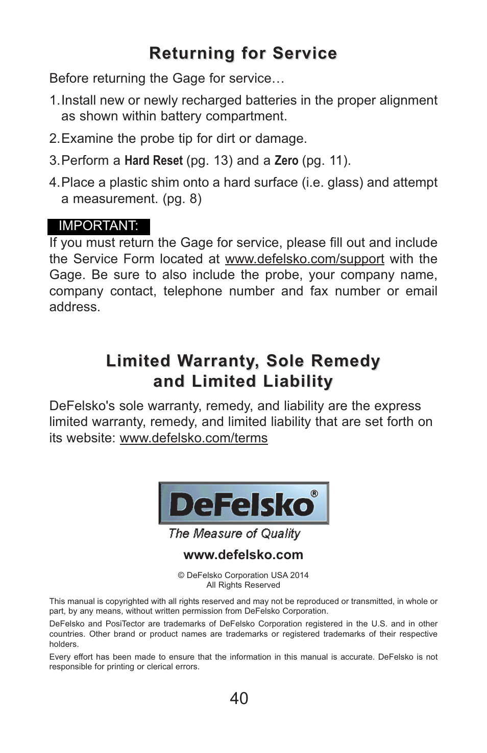 Returning for service, Limited warranty, sole remedy | DeFelsko PosiTector 200 v.3.1 Full Manual User Manual | Page 40 / 40