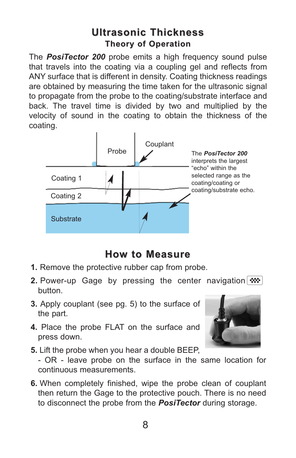 Ultrasonic thickness, How to measure | DeFelsko PosiTector 200 v.3.1 Full Manual User Manual | Page 8 / 40