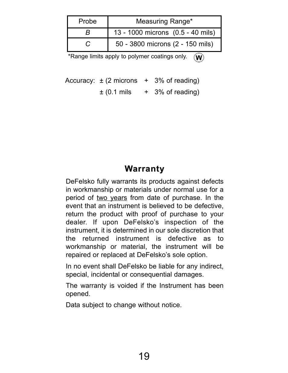 Warranty arranty | DeFelsko PosiTector 200 v.2.0 User Manual | Page 19 / 20