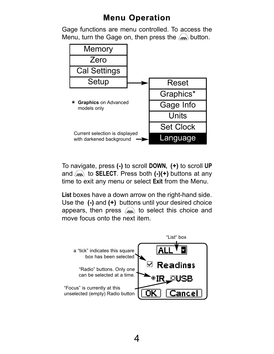 Menu operation | DeFelsko PosiTector 200 v.2.0 User Manual | Page 4 / 20