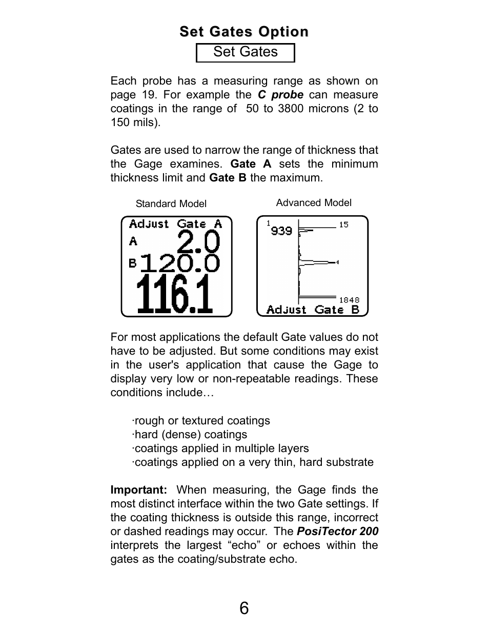 Set gates option, Set gates option set gates | DeFelsko PosiTector 200 v.2.0 User Manual | Page 6 / 20