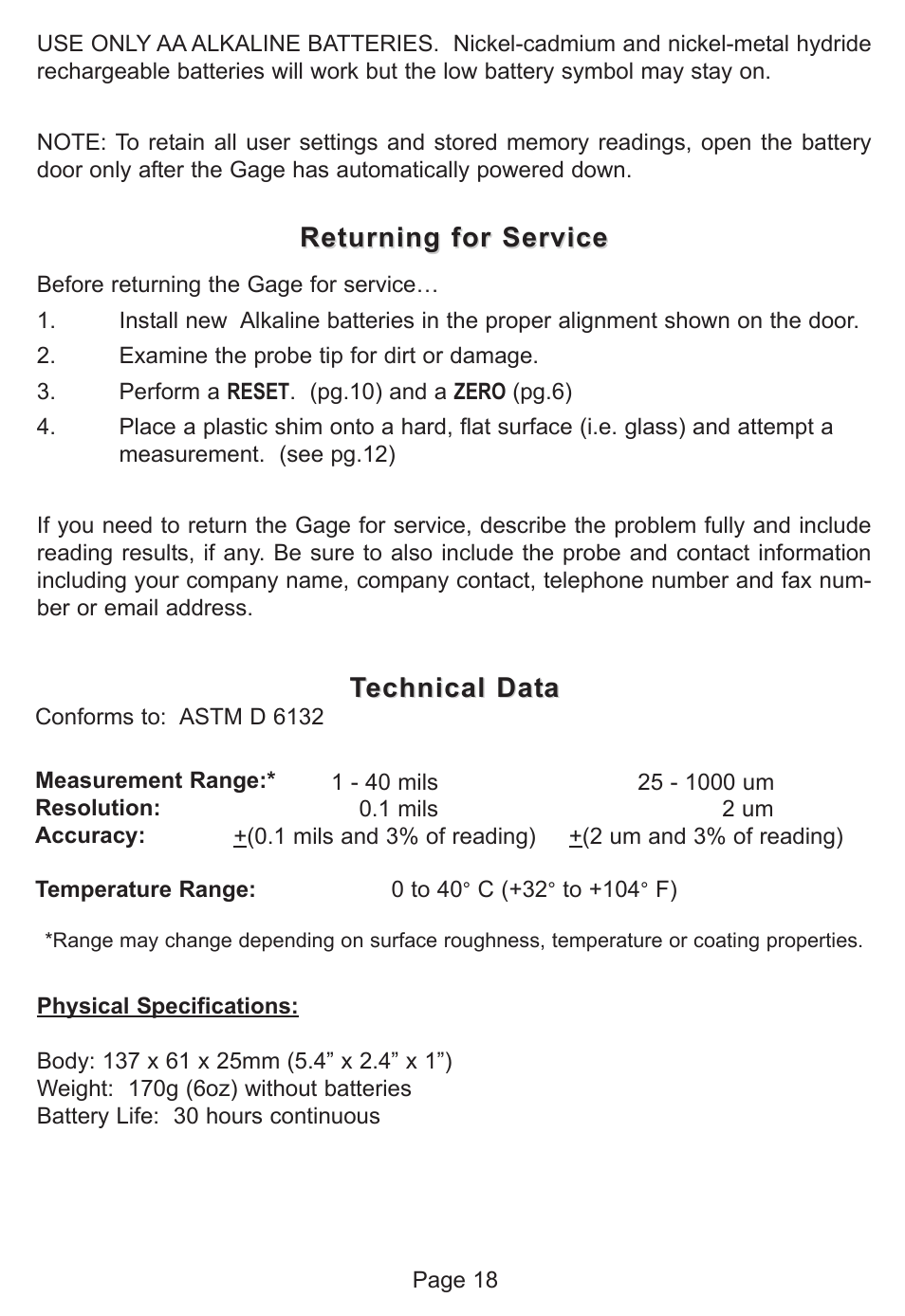 Returning for service | DeFelsko PosiTector 200 v.1.2 User Manual | Page 18 / 20