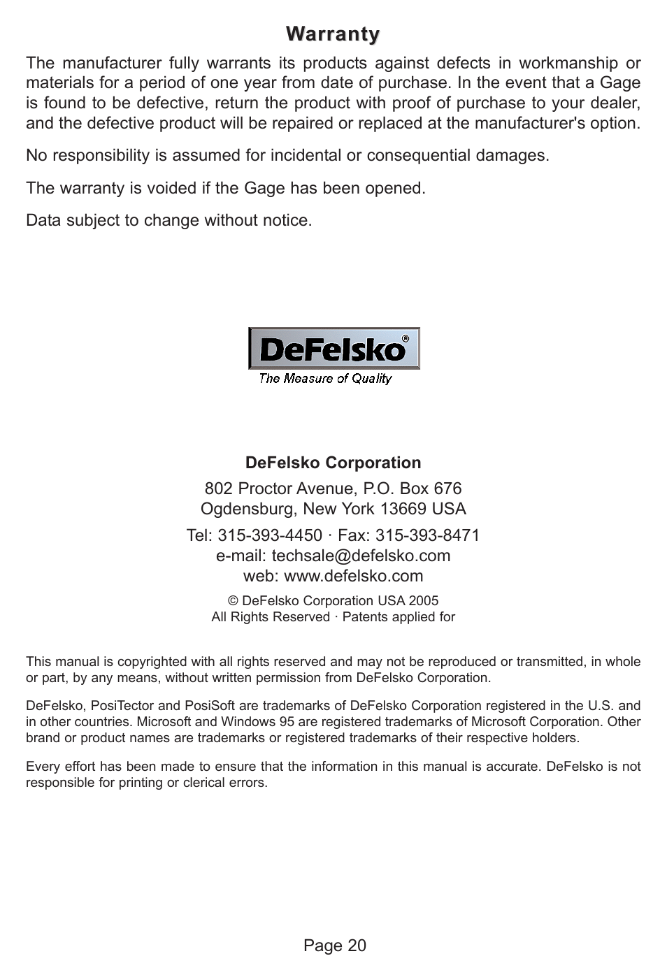 Warranty arranty | DeFelsko PosiTector 200 v.1.2 User Manual | Page 20 / 20