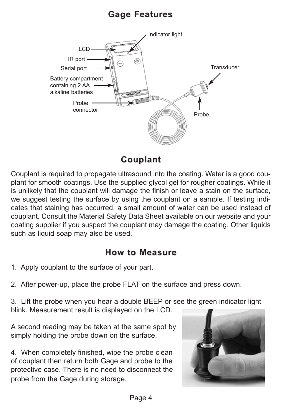 How to measure, Couplant, Gage features | DeFelsko PosiTector 200 v.1.2 User Manual | Page 4 / 20