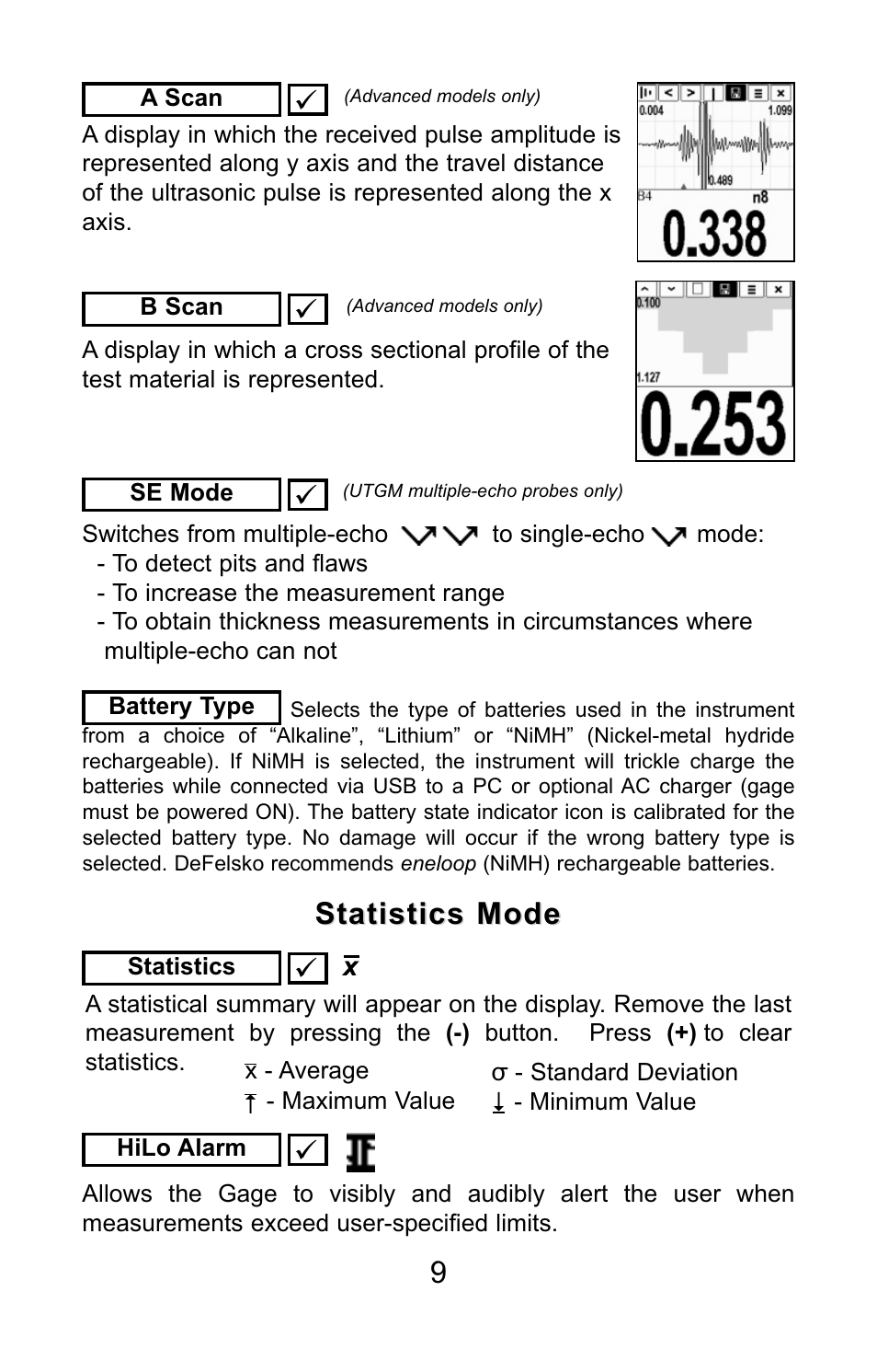 Statistics mode | DeFelsko PosiTector UTG v.3.0 Quick Guide User Manual | Page 10 / 53