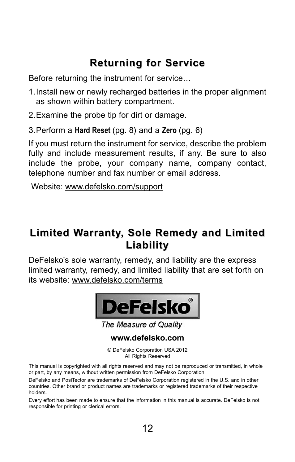 Returning for service, Limited warranty, sole remedy and limited | DeFelsko PosiTector UTG v.3.0 Quick Guide User Manual | Page 13 / 53