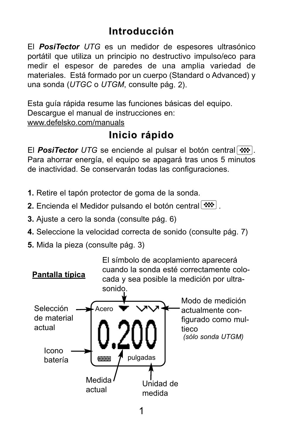 Introducción, Inicio rápido | DeFelsko PosiTector UTG v.3.0 Quick Guide User Manual | Page 15 / 53