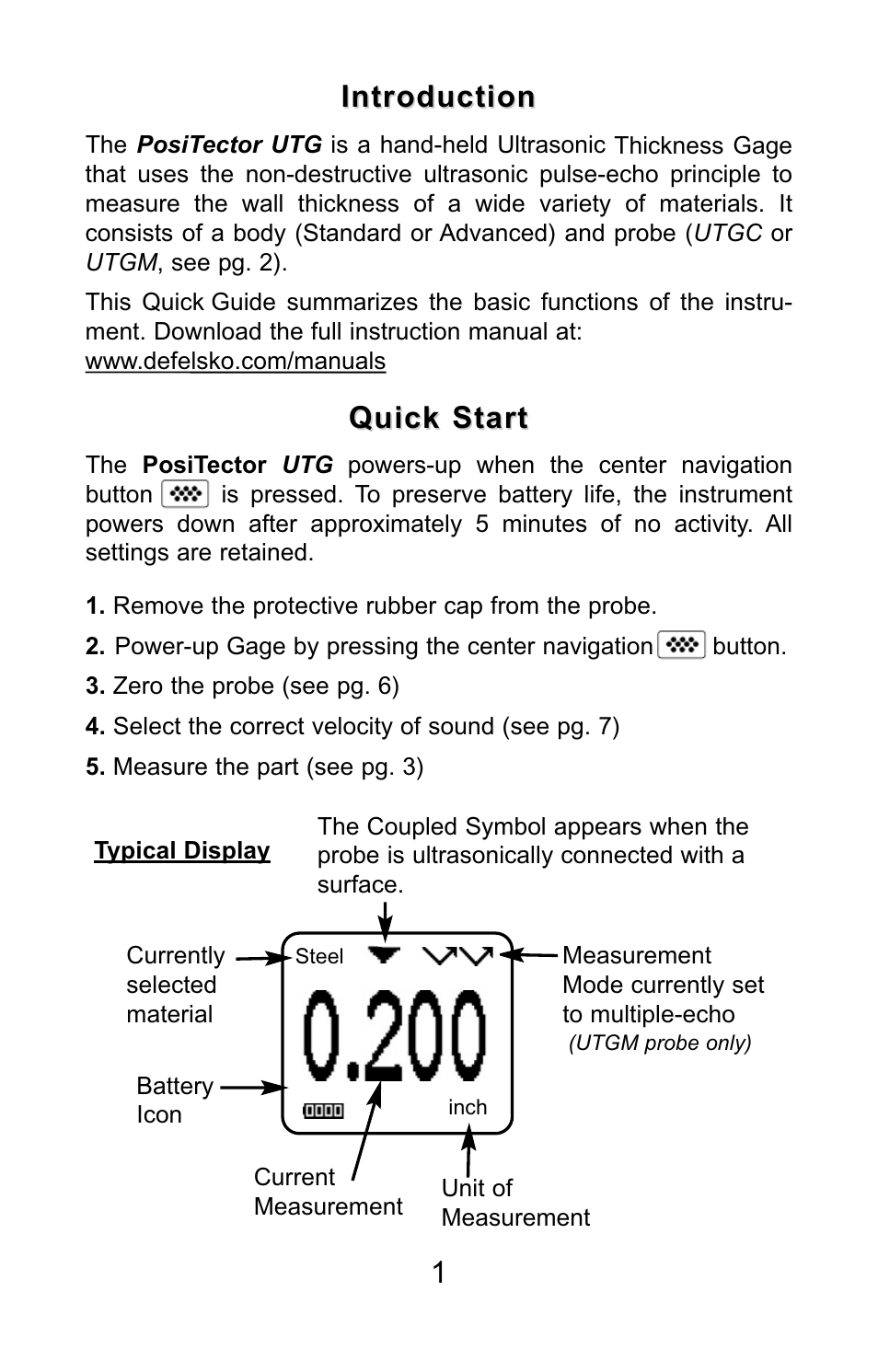 Introduction, Quick start | DeFelsko PosiTector UTG v.3.0 Quick Guide User Manual | Page 2 / 53