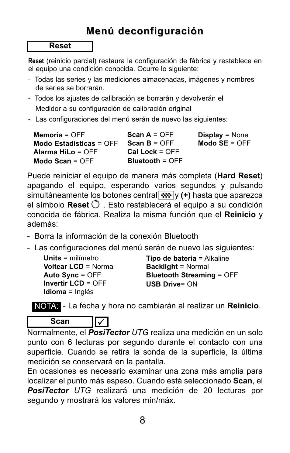 Menú deconfiguración | DeFelsko PosiTector UTG v.3.0 Quick Guide User Manual | Page 22 / 53