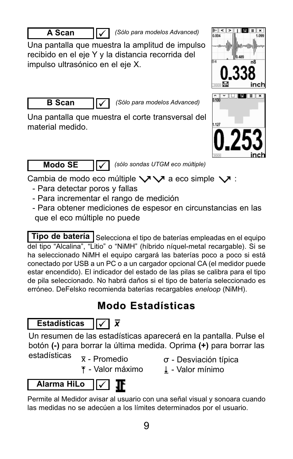 Modo estadísticas | DeFelsko PosiTector UTG v.3.0 Quick Guide User Manual | Page 23 / 53