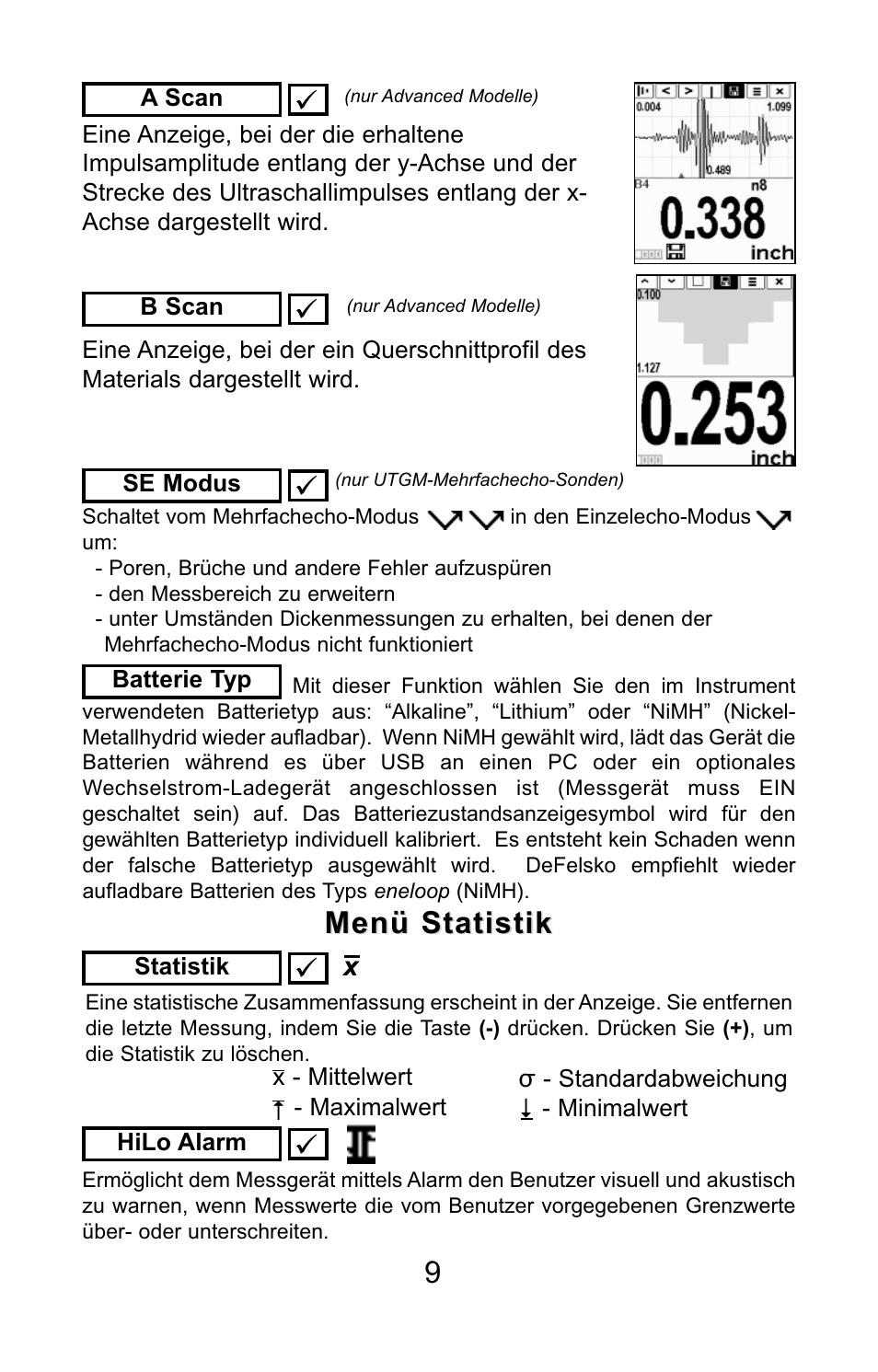 9menü statistik menü statistik | DeFelsko PosiTector UTG v.3.0 Quick Guide User Manual | Page 36 / 53