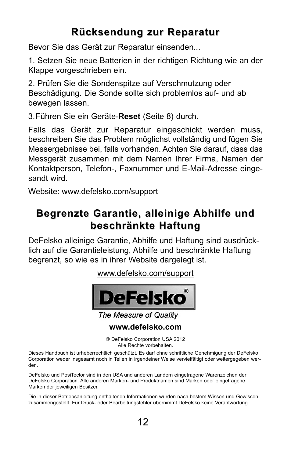 Rücksendung zur reparatur, Begrenzte garantie, alleinige abhilfe und | DeFelsko PosiTector UTG v.3.0 Quick Guide User Manual | Page 39 / 53
