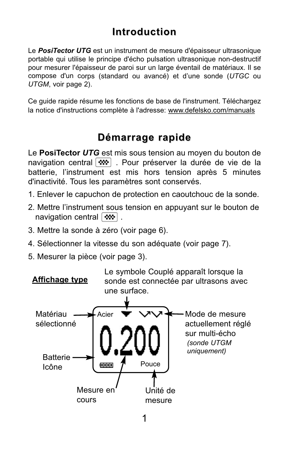 Introduction, Démarrage rapide | DeFelsko PosiTector UTG v.3.0 Quick Guide User Manual | Page 41 / 53