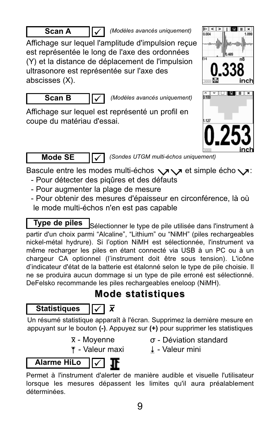 9mode statistiques mode statistiques | DeFelsko PosiTector UTG v.3.0 Quick Guide User Manual | Page 49 / 53