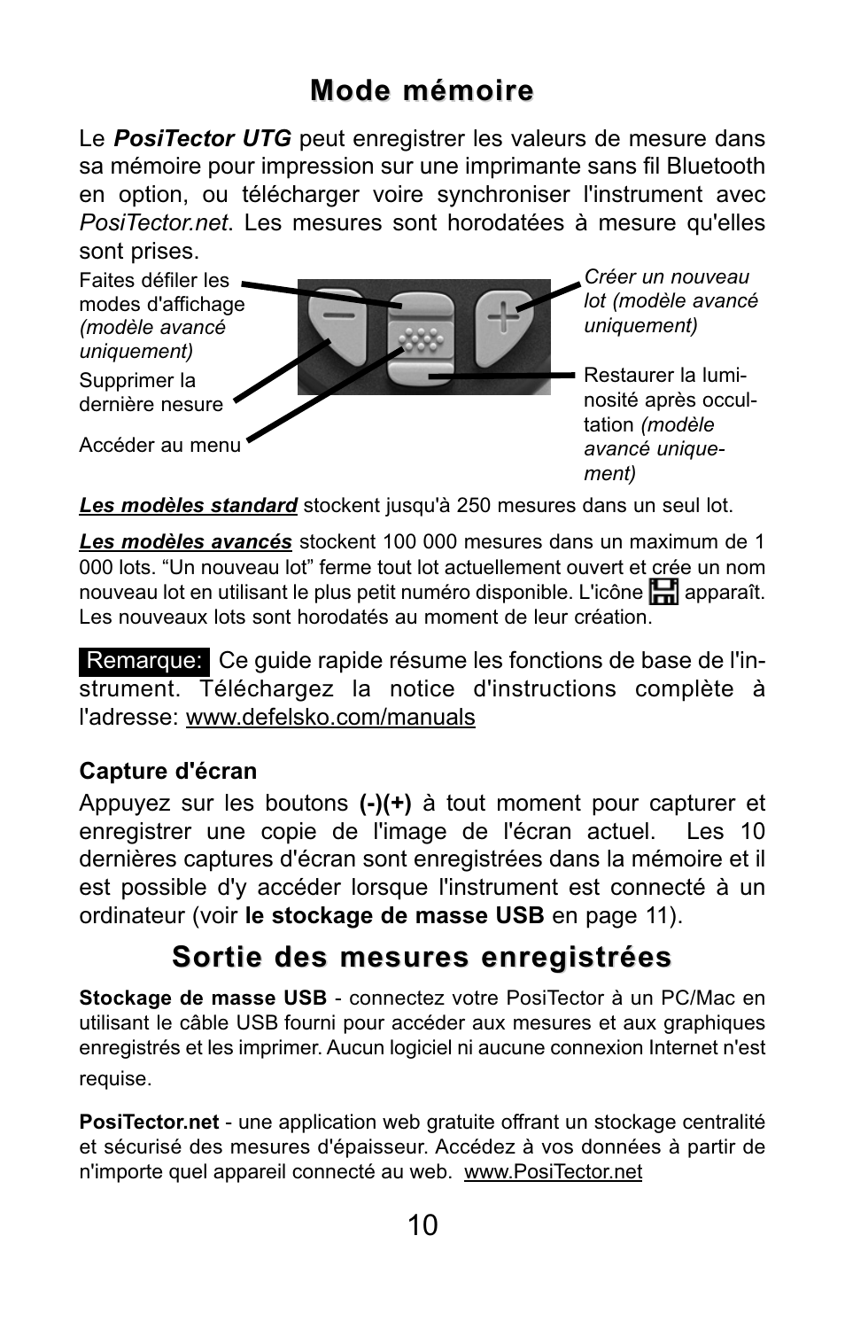 Mode mémoire | DeFelsko PosiTector UTG v.3.0 Quick Guide User Manual | Page 50 / 53