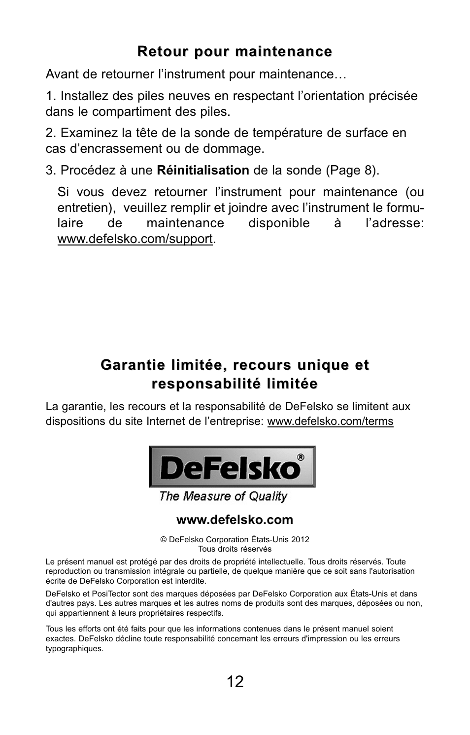 Retour pour maintenance, Garantie limitée, recours unique et | DeFelsko PosiTector UTG v.3.0 Quick Guide User Manual | Page 52 / 53