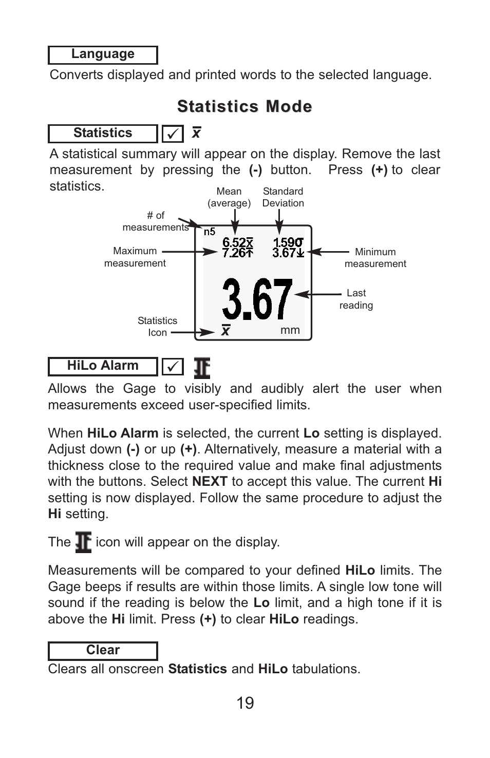 Statistics mode | DeFelsko PosiTector UTG v.3.1 Full Manual User Manual | Page 22 / 48