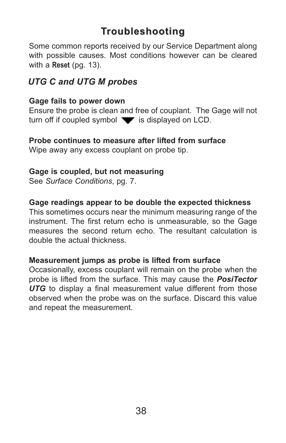 38 troubleshooting troubleshooting | DeFelsko PosiTector UTG v.3.1 Full Manual User Manual | Page 41 / 48