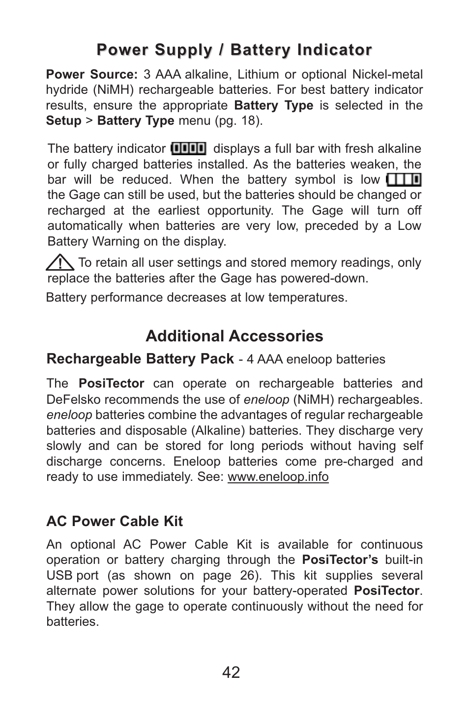 Power supply / battery indicator, Additional accessories | DeFelsko PosiTector UTG v.3.1 Full Manual User Manual | Page 45 / 48