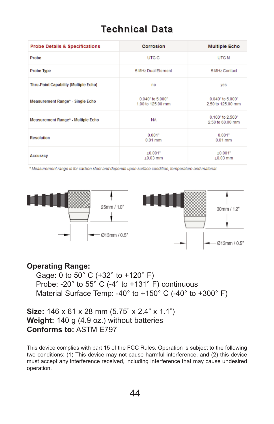 Technical data | DeFelsko PosiTector UTG v.3.1 Full Manual User Manual | Page 47 / 48