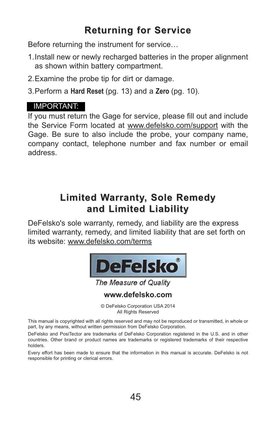 Returning for service, Limited warranty, sole remedy | DeFelsko PosiTector UTG v.3.1 Full Manual User Manual | Page 48 / 48