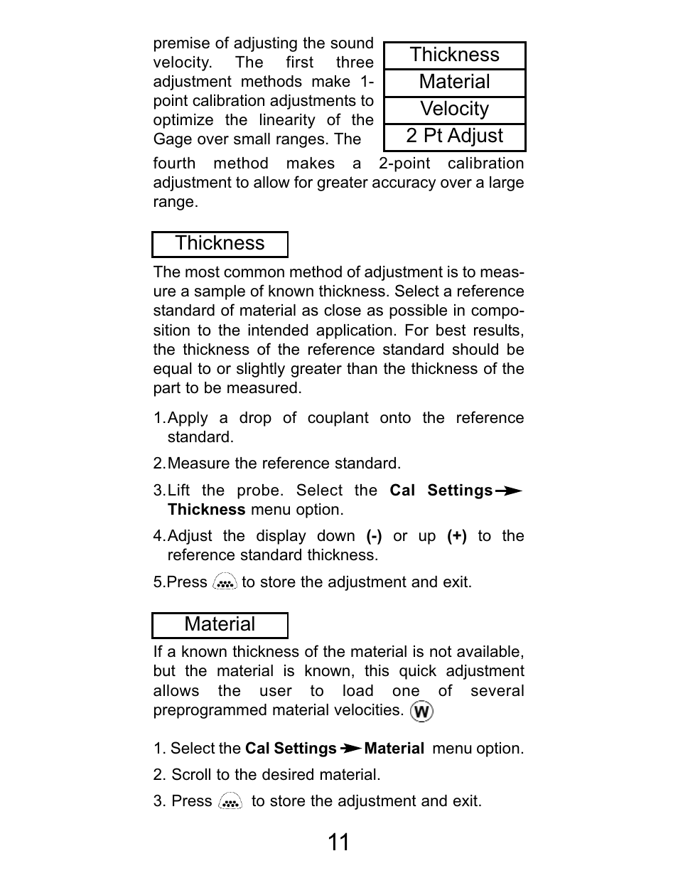 Thickness, Thickness material velocity 2 pt adjust, Material | DeFelsko PosiTector UTG v.2.2 User Manual | Page 11 / 20