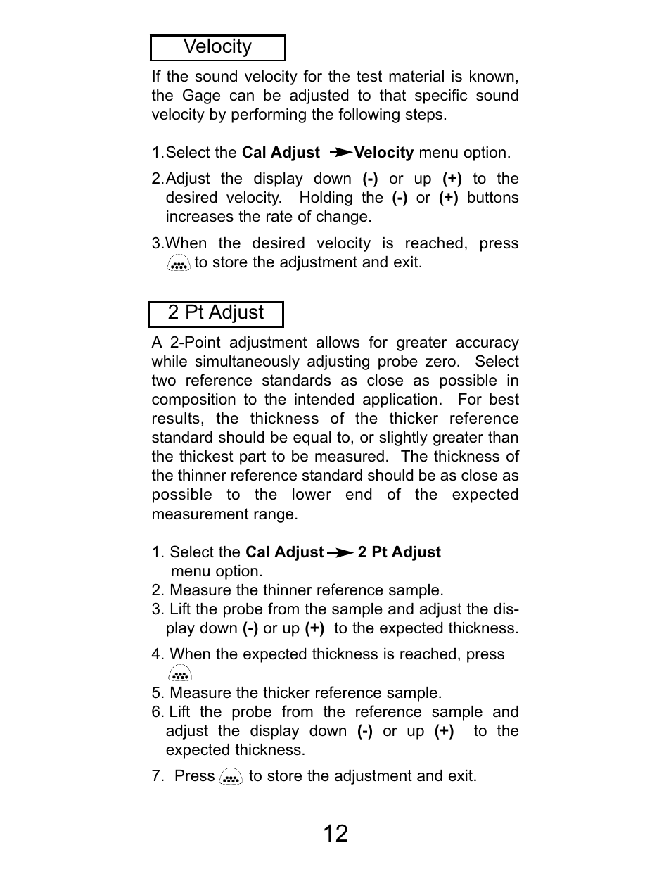 2 pt adjust, Velocity | DeFelsko PosiTector UTG v.2.2 User Manual | Page 12 / 20