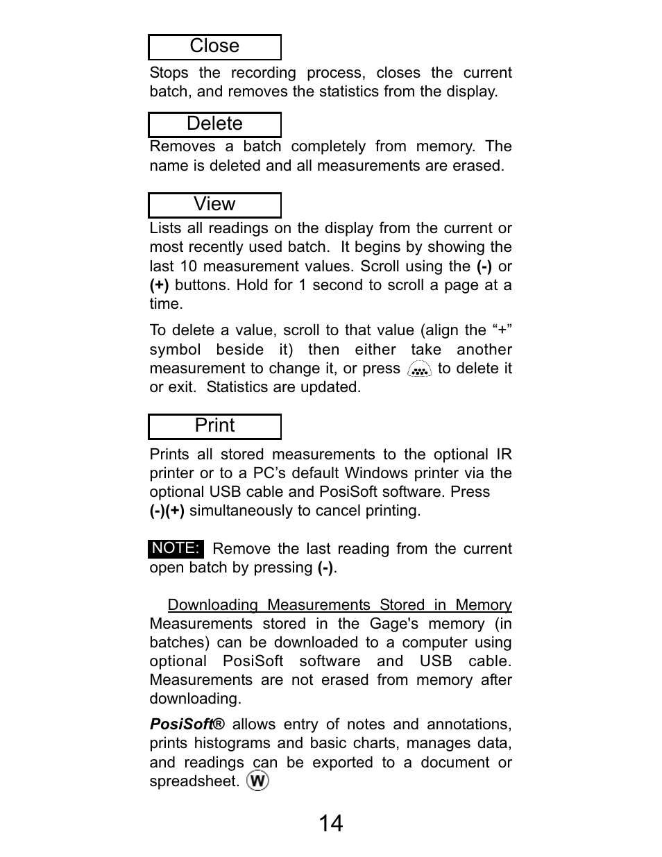 Print, View, Delete | Close | DeFelsko PosiTector UTG v.2.2 User Manual | Page 14 / 20